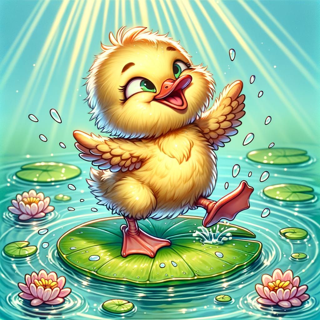 Dancing Duckling on Lilypad in Pastel Cartoon Style