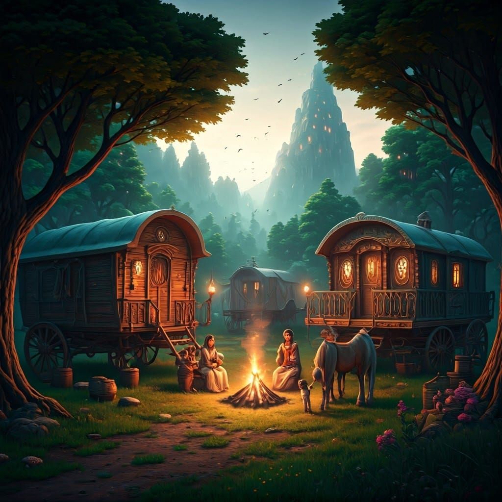 Vibrant Romany Encampment in Lush Countryside