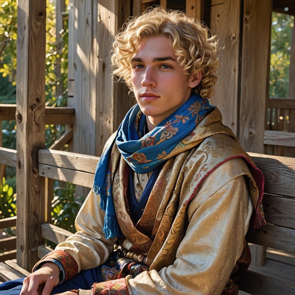 Boy in Exotic Dress with Blonde Hair and Scarf