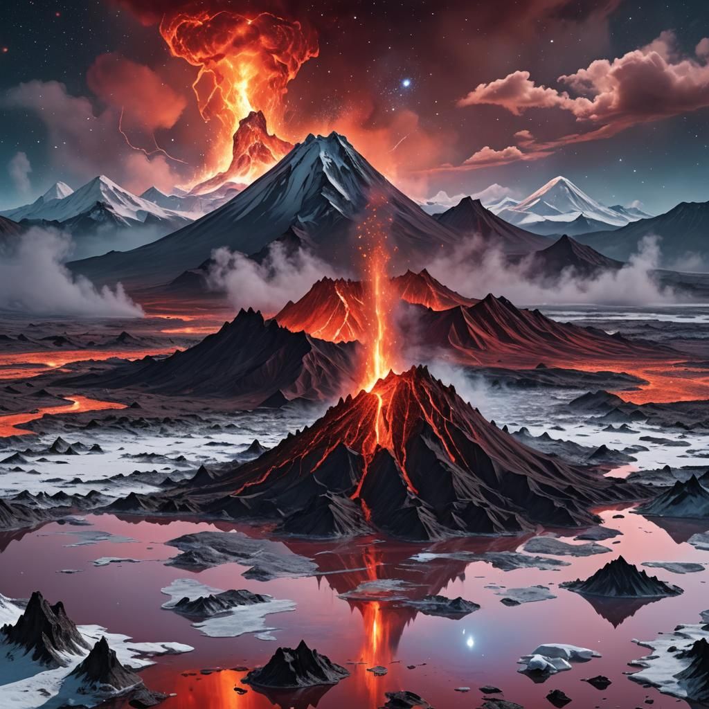 Surreal Volcano Over Ice Fields, Astral Illustration