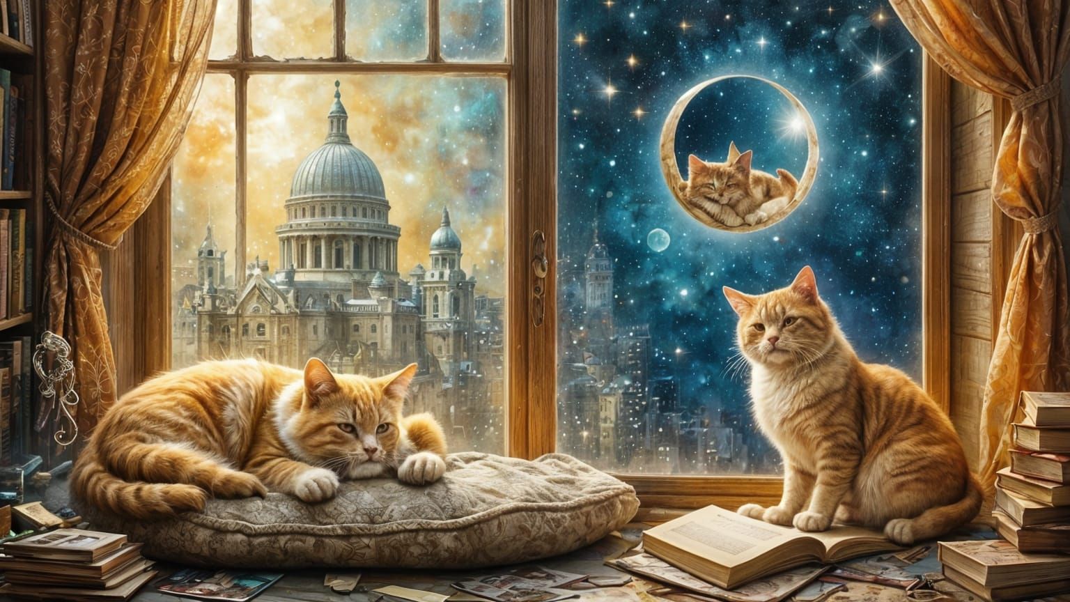 Four Sleeping Cats in Enchanted Dreamscape Window View