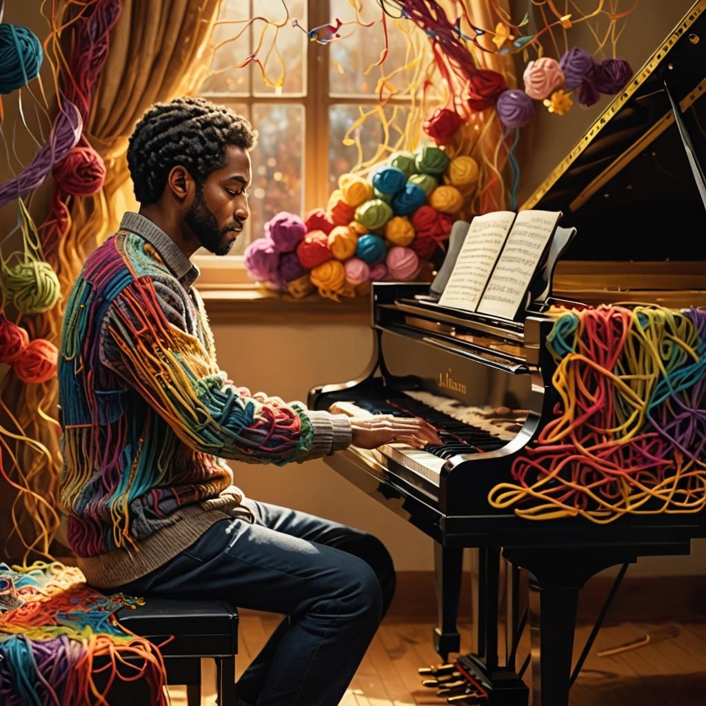 Yarn Art: Man at Piano in Colorful Strands
