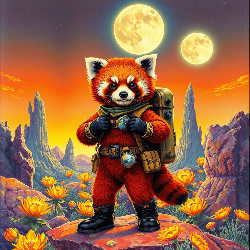 Red Panda Cosmonaut on Alien World Sci-Fi Art