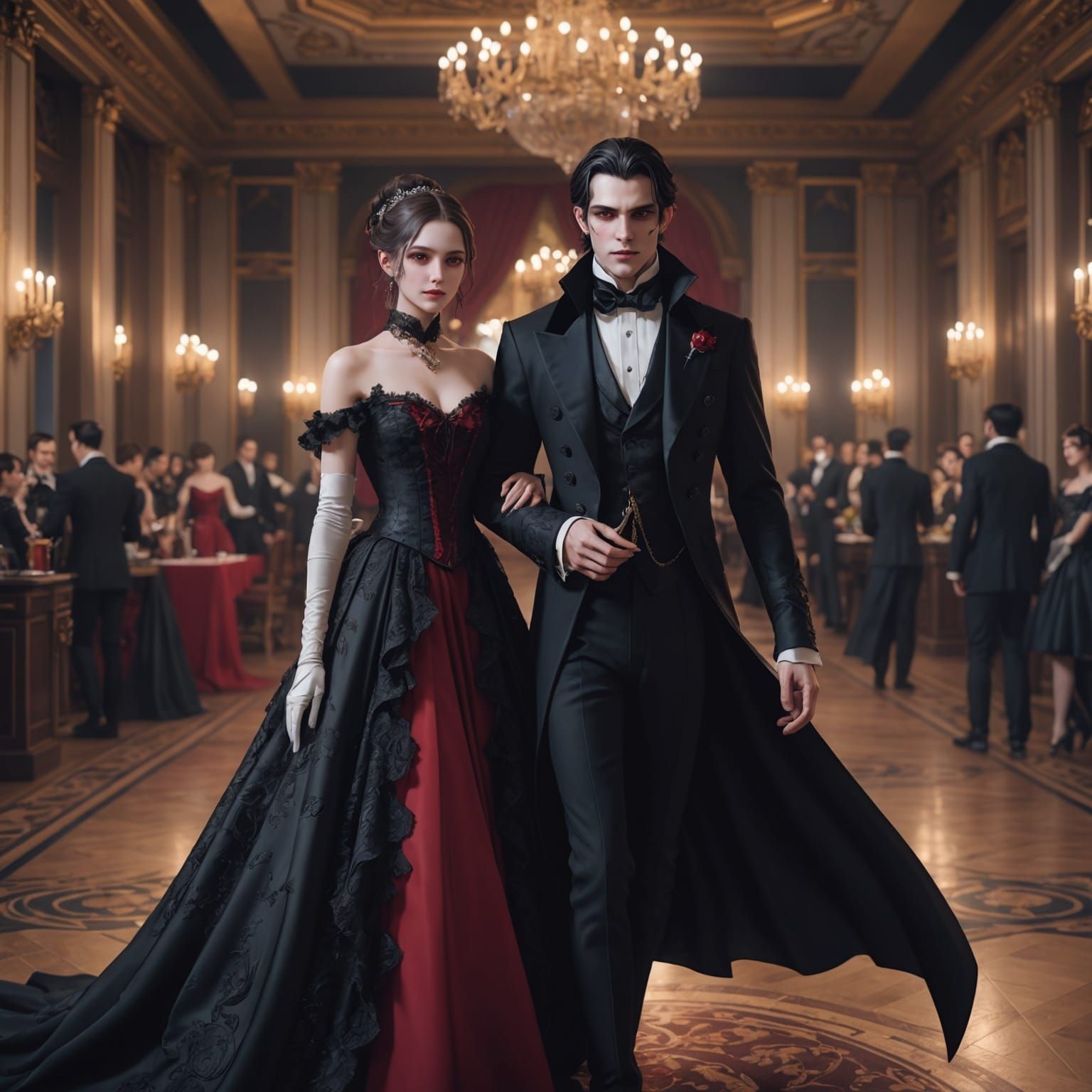 Elegant Vampires Arrive at Gala: 3D Anime Art
