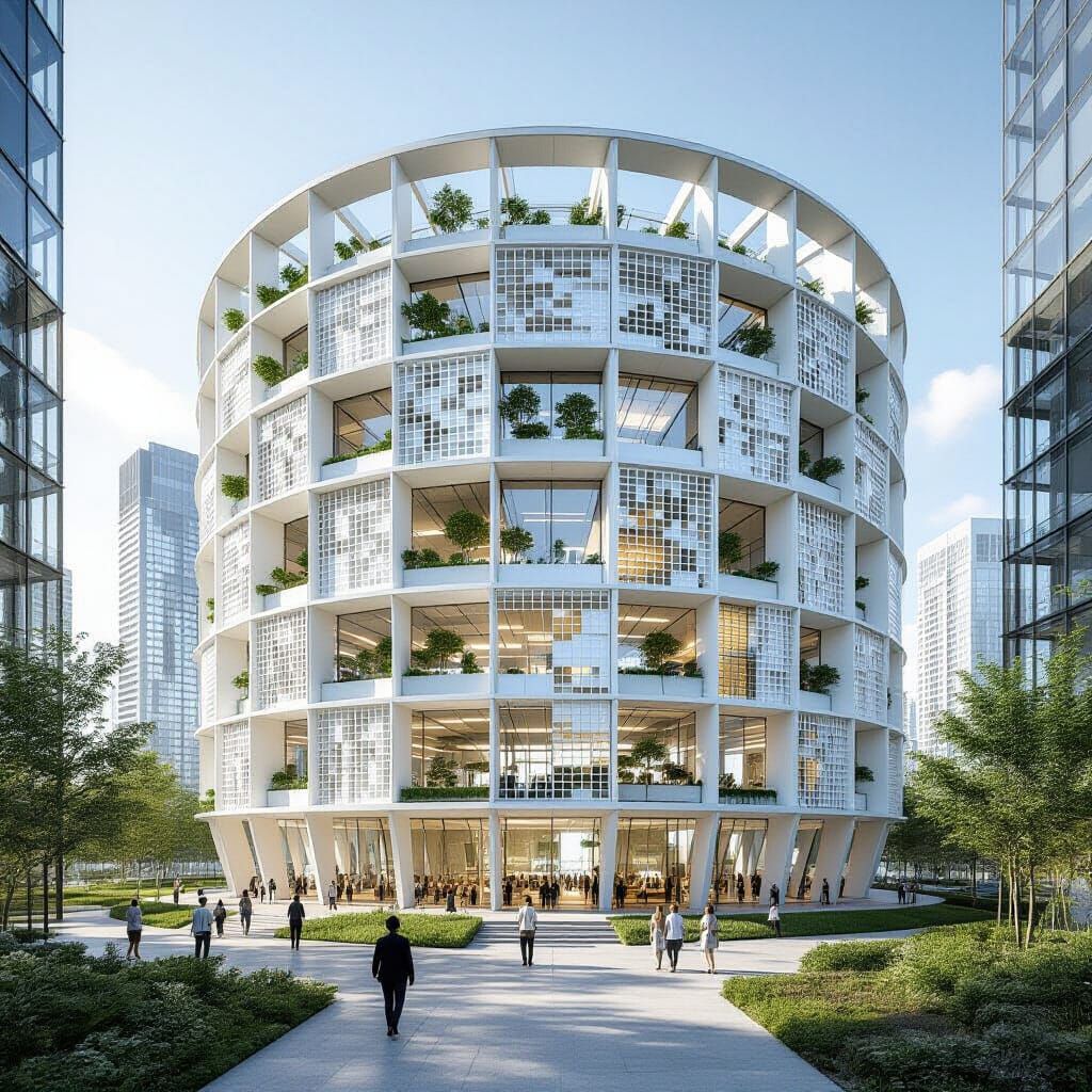 Futuristic 3D Power Station Cooling Tower with Greenery