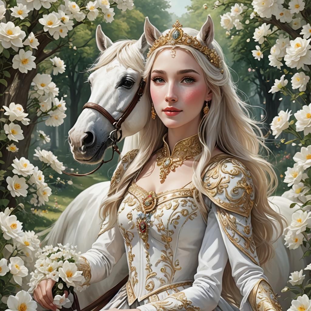 Princess on White Horse in Floral Landscape