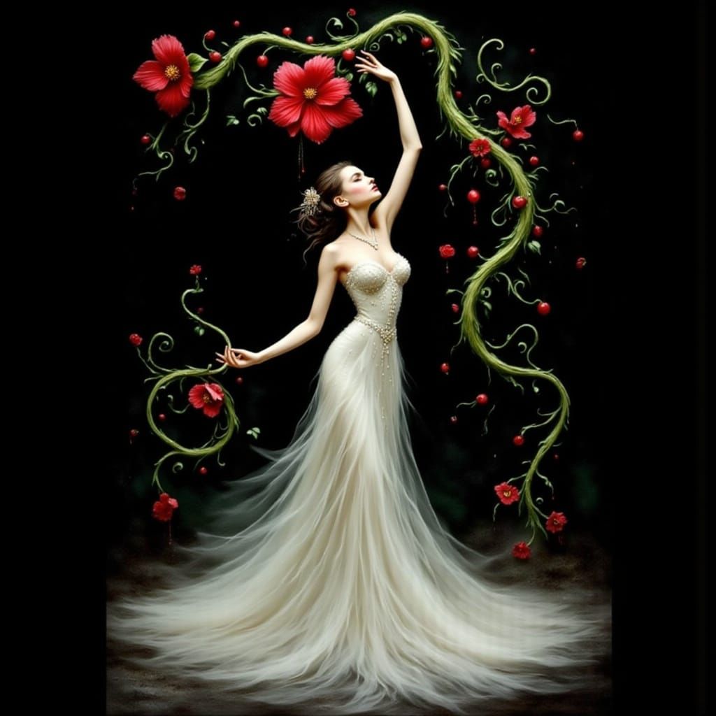 Ethereal Woman with Hibiscus in Whimsical Style