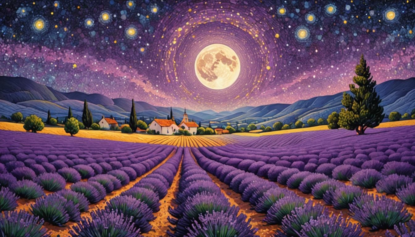 Lavender Fields under Starry Sky in Pointillism