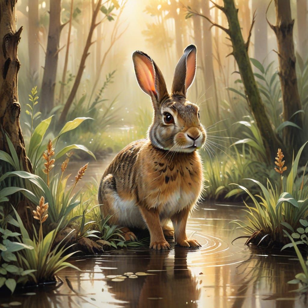 Marsh Rabbit in Swampy Woods Watercolor Illustration