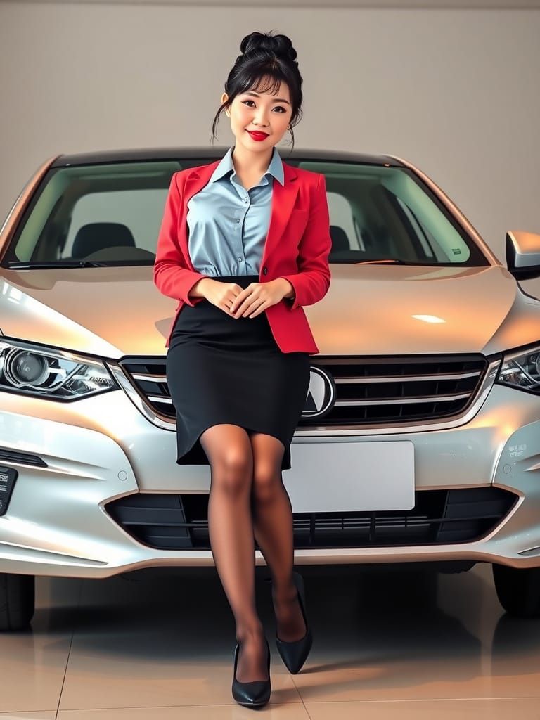 Chinese Car Saleswoman in Elegant Attire Leans Against Silve...