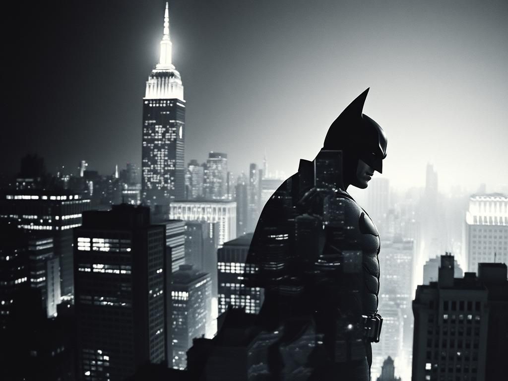 Gotham City Double Exposure in Gritty Monochromatic Style