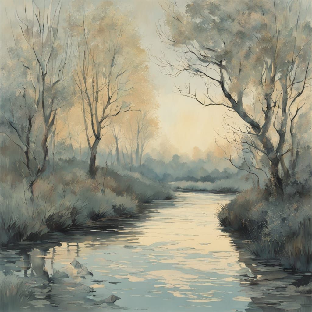 Serene River Island Dusk in Art Nouveau Style