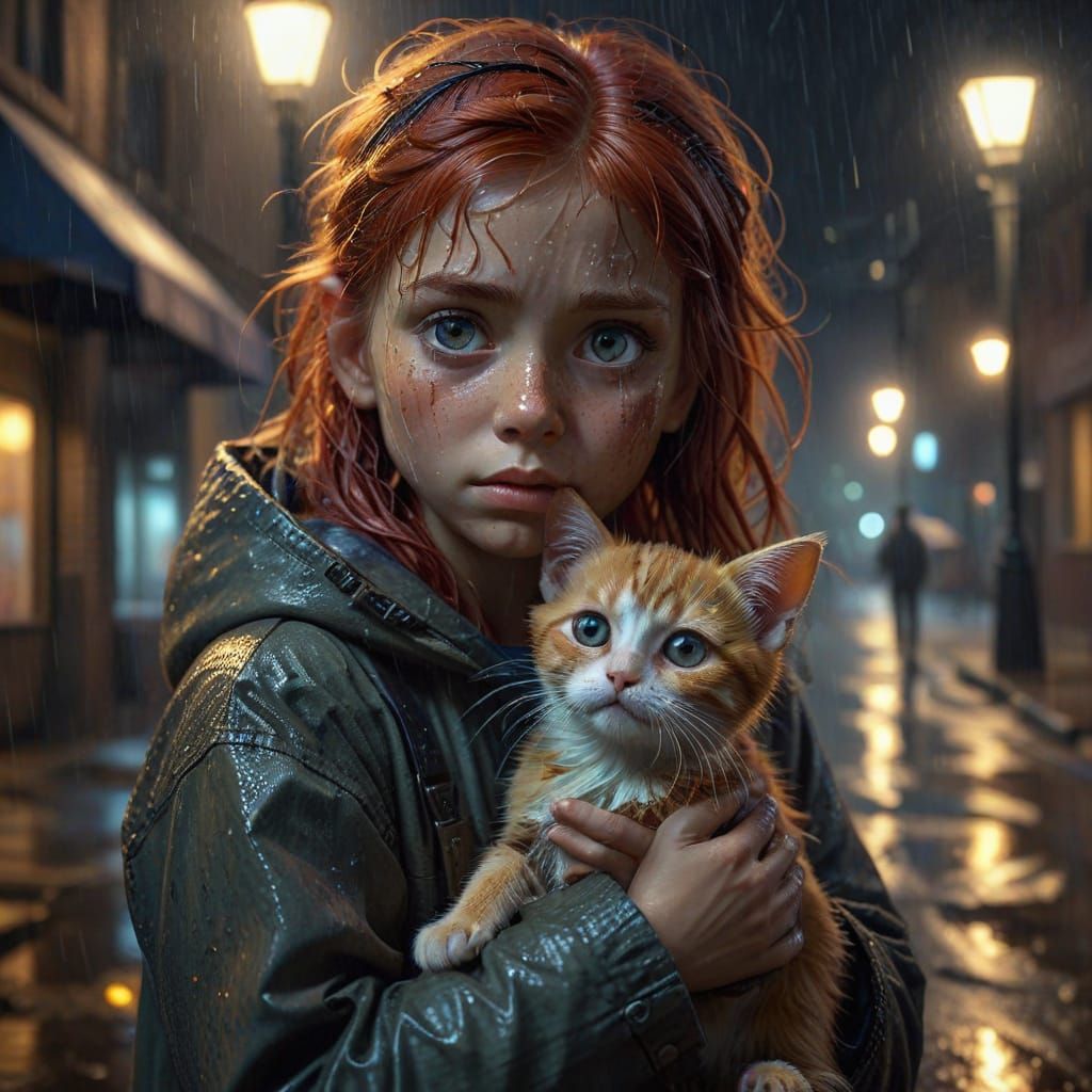 Homeless Girl Holds Kitten in Rainy Night