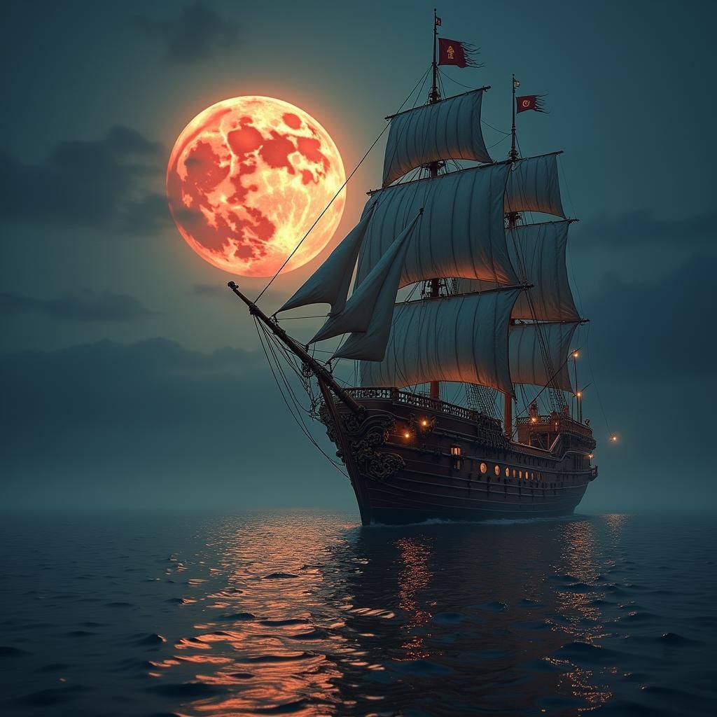 Steampunk Ship Sails Under Crimson Moon