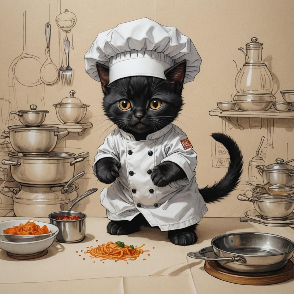 Cute Kitten Chef in Manga Sketch Style