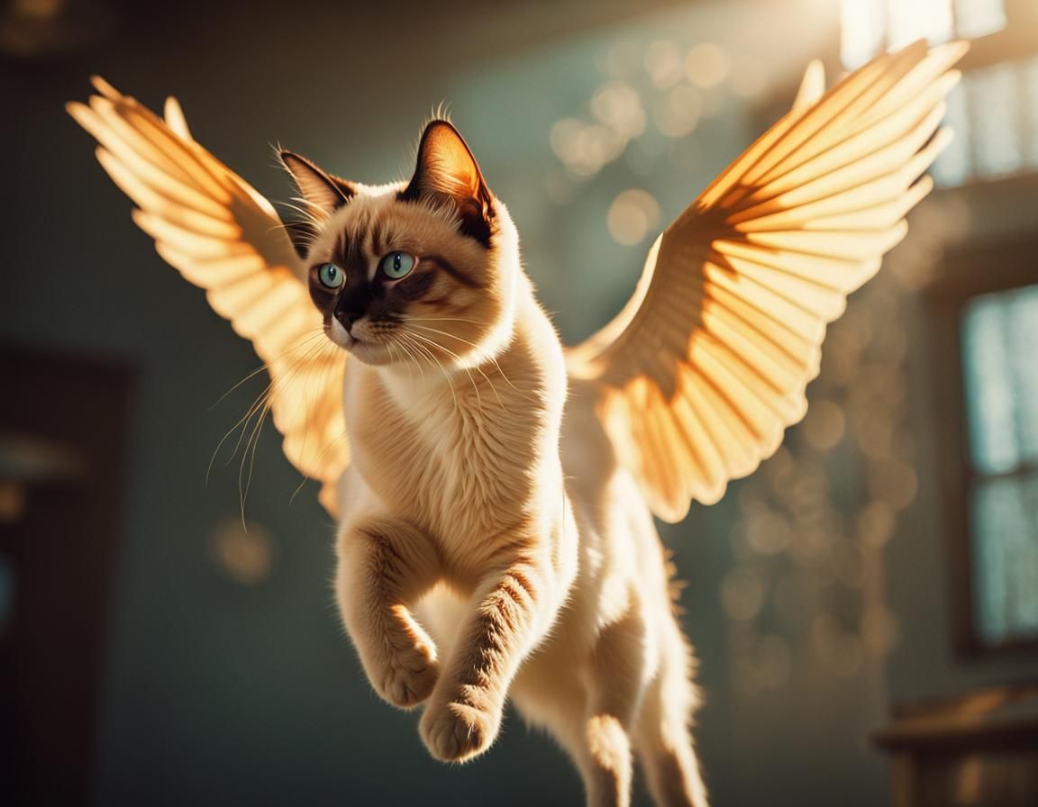 Winged Siamese Cat in Cinematic Flight
