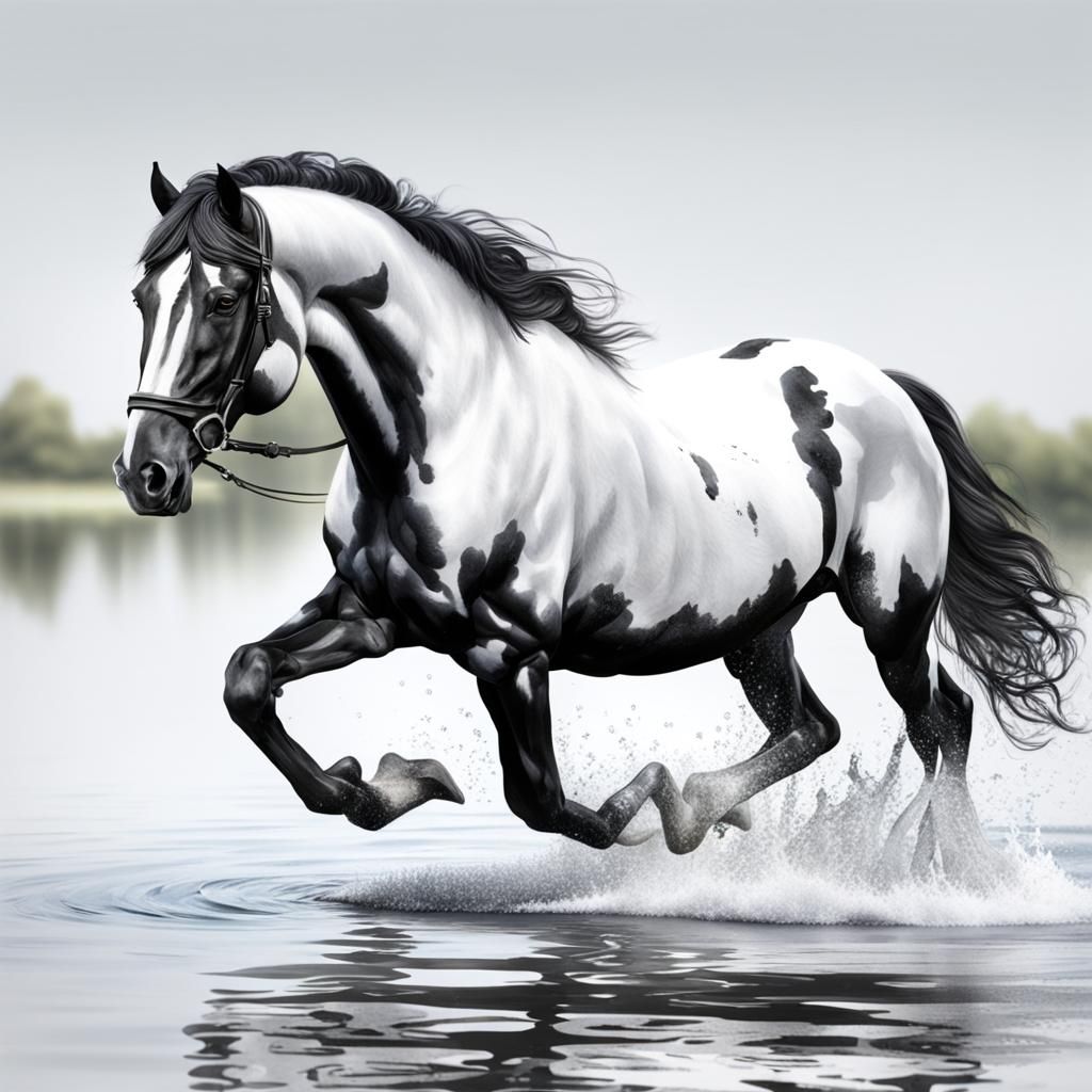 Friesian Horse Walking on Water: Hyperrealistic Image