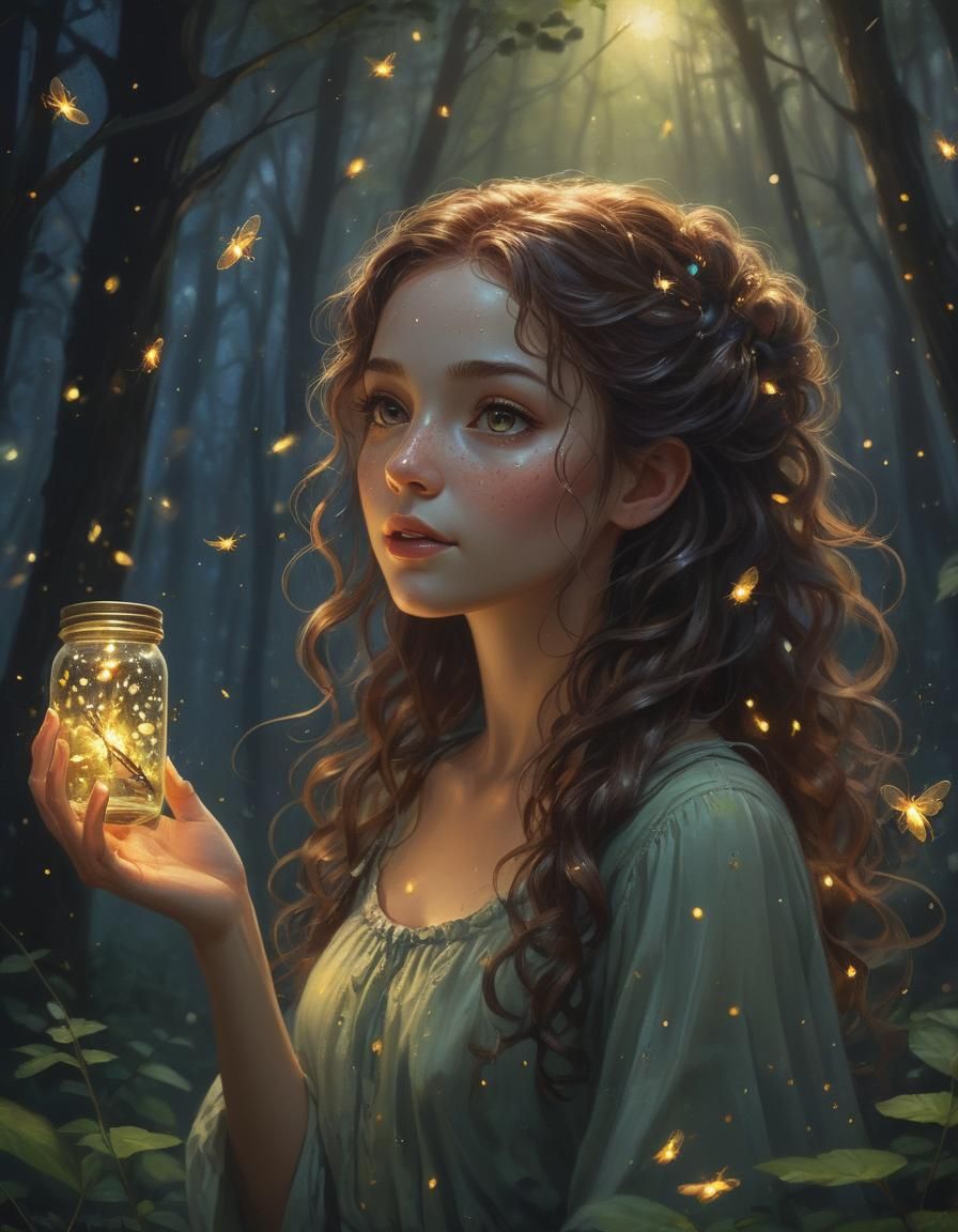 Glowing Firefly Girl in Dark Forest Oil Painting