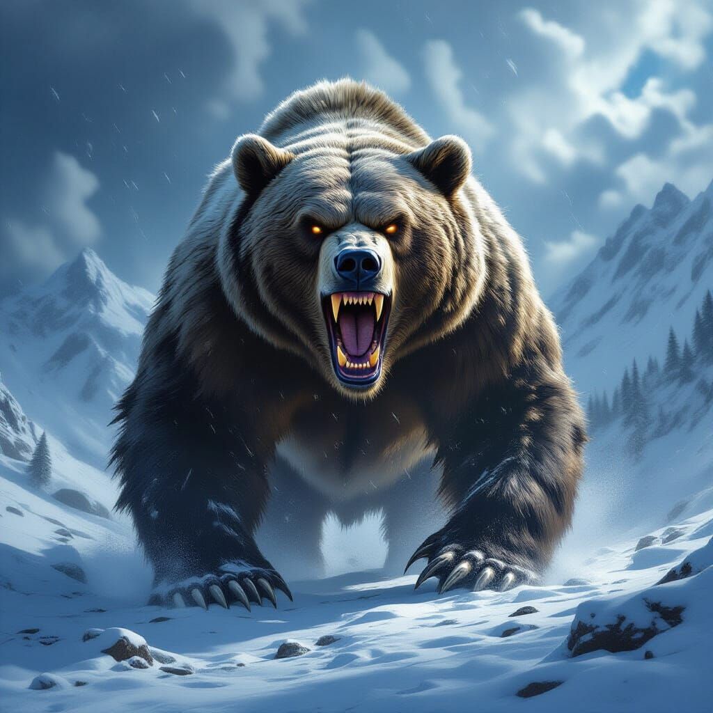 Ferocious Grizzly Bear Roaring in Snowy Mountains