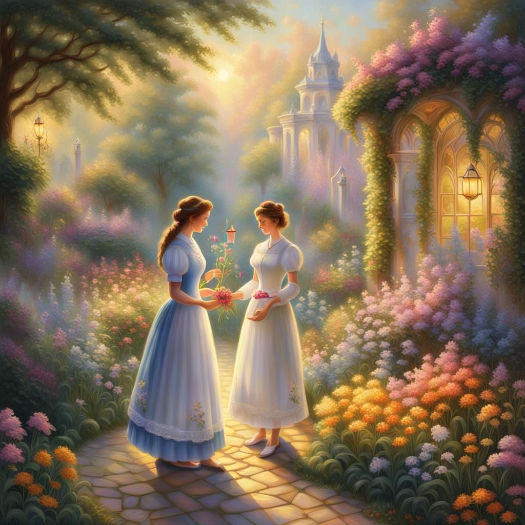 Juliet and Nurse in Ethereal Garden, Oil Painting