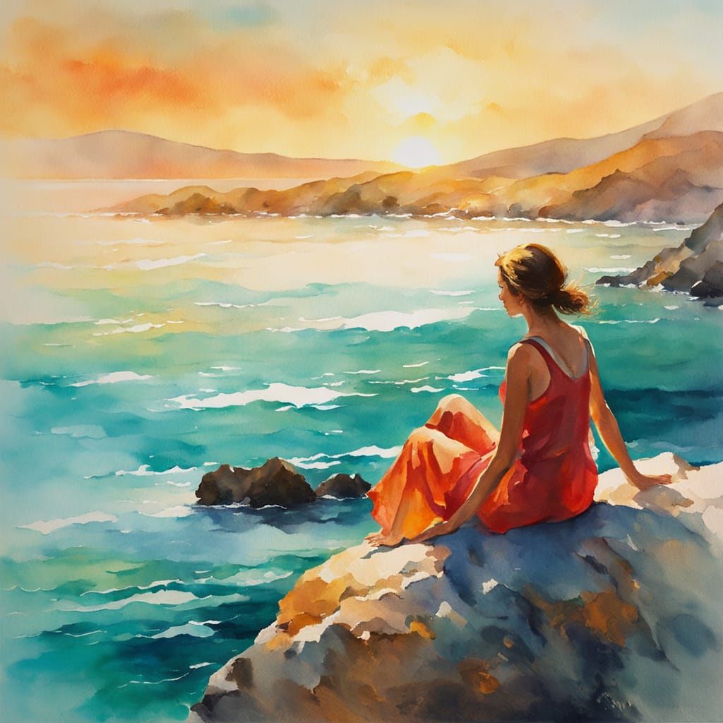 Woman Sunbathing in Impressionist Watercolour Painting