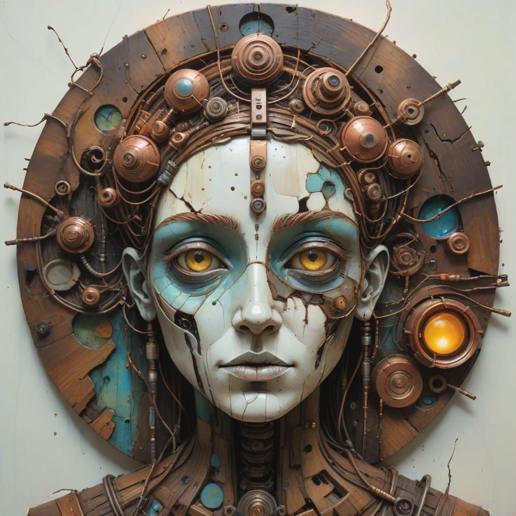 Surreal Wood Portrait with Emergent Faces in Mixed Media