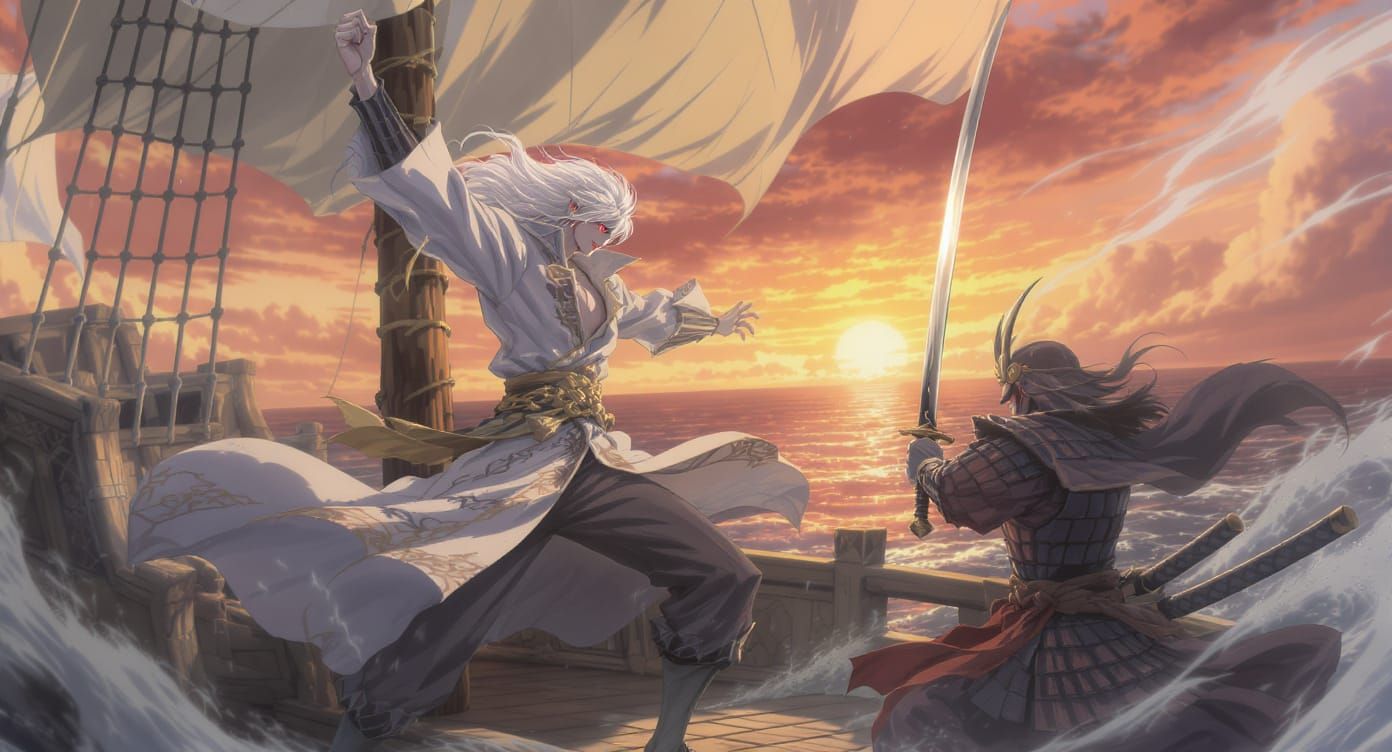 Albino Pirate Battles Samurai on Ship