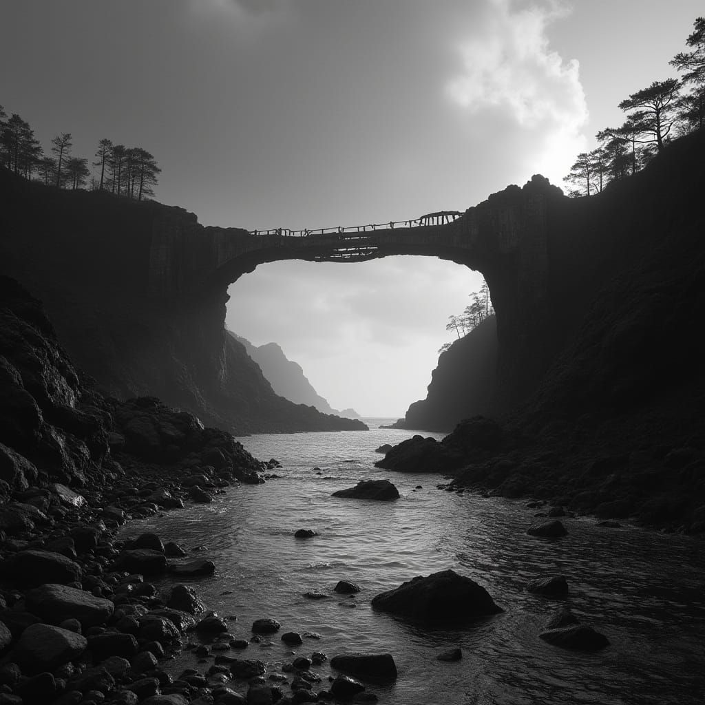 Shattered Bridge Silhouetted Against Grey Skies