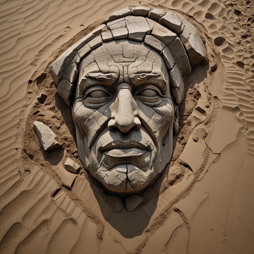 Colossal Shattered Stone Face in Desert Light