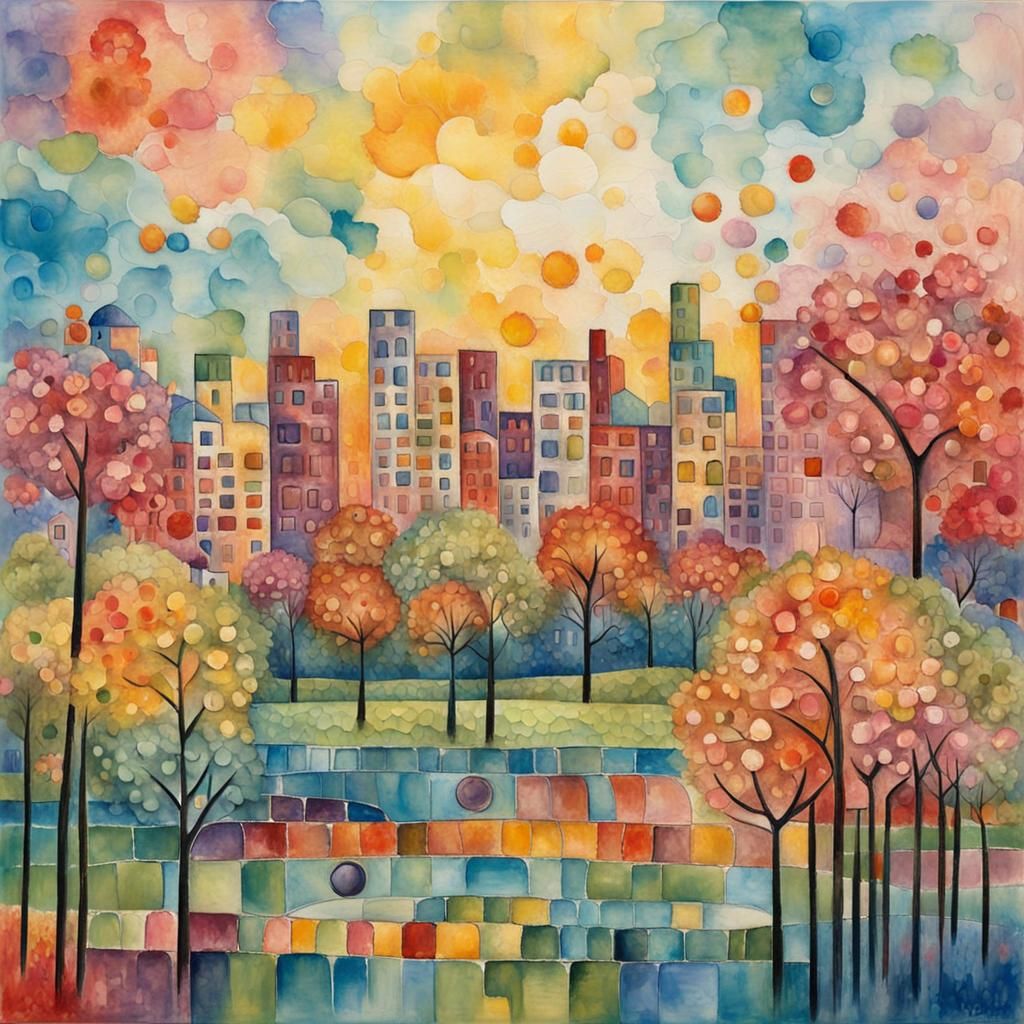 Vibrant Expressionist Cityscape with Blossom Park