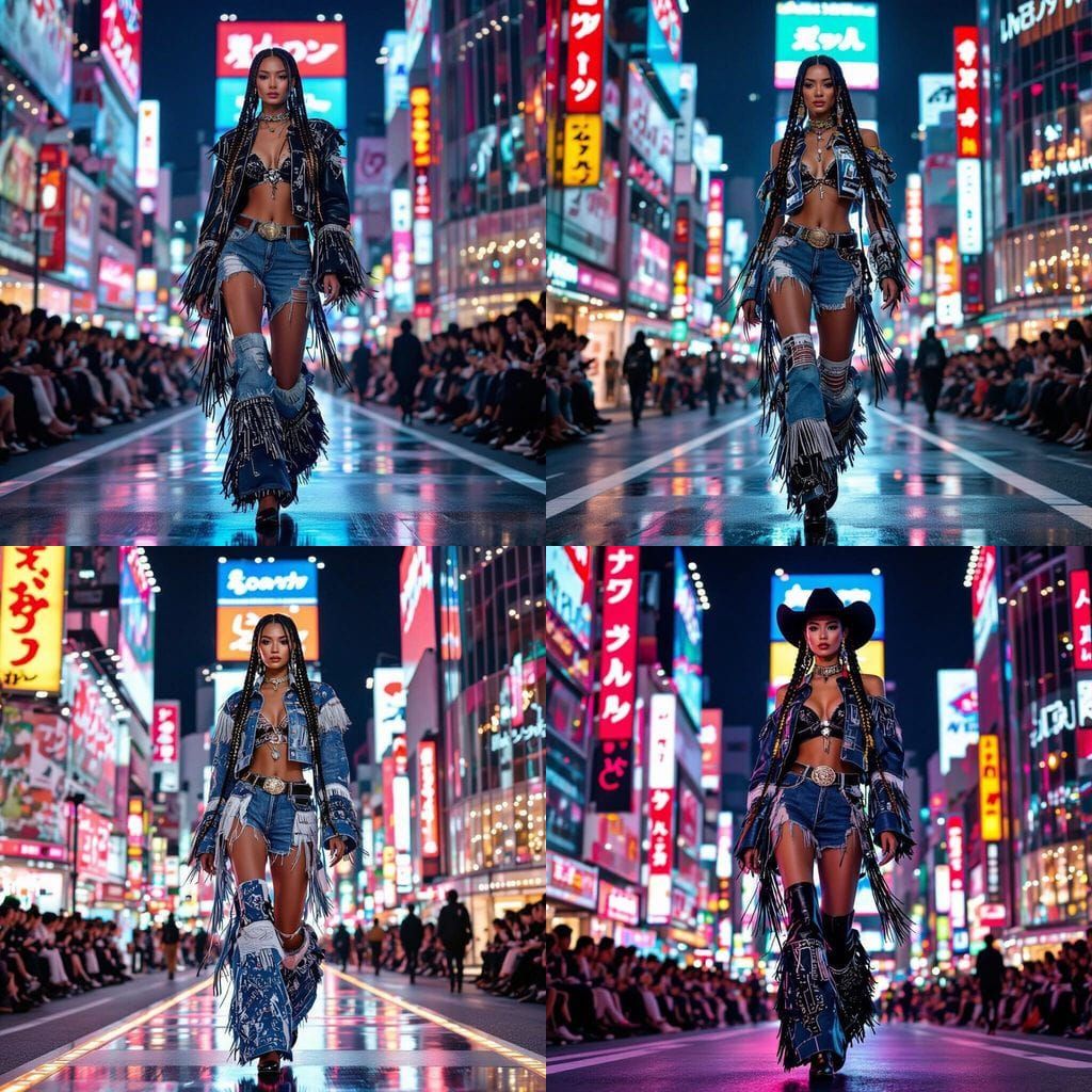 Stylish Cowgirl Struts Tokyo Runway in Neon Light