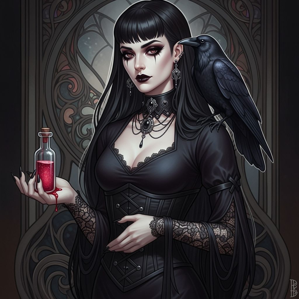 Gothic Priestess with Crow and Blood Vial