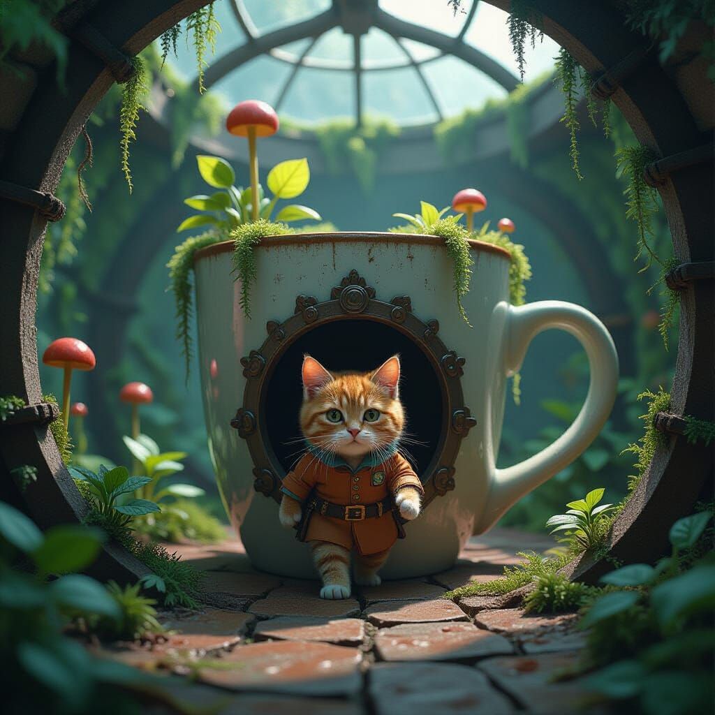 Ginger Cat in Biomechanical Art Nouveau Fortress