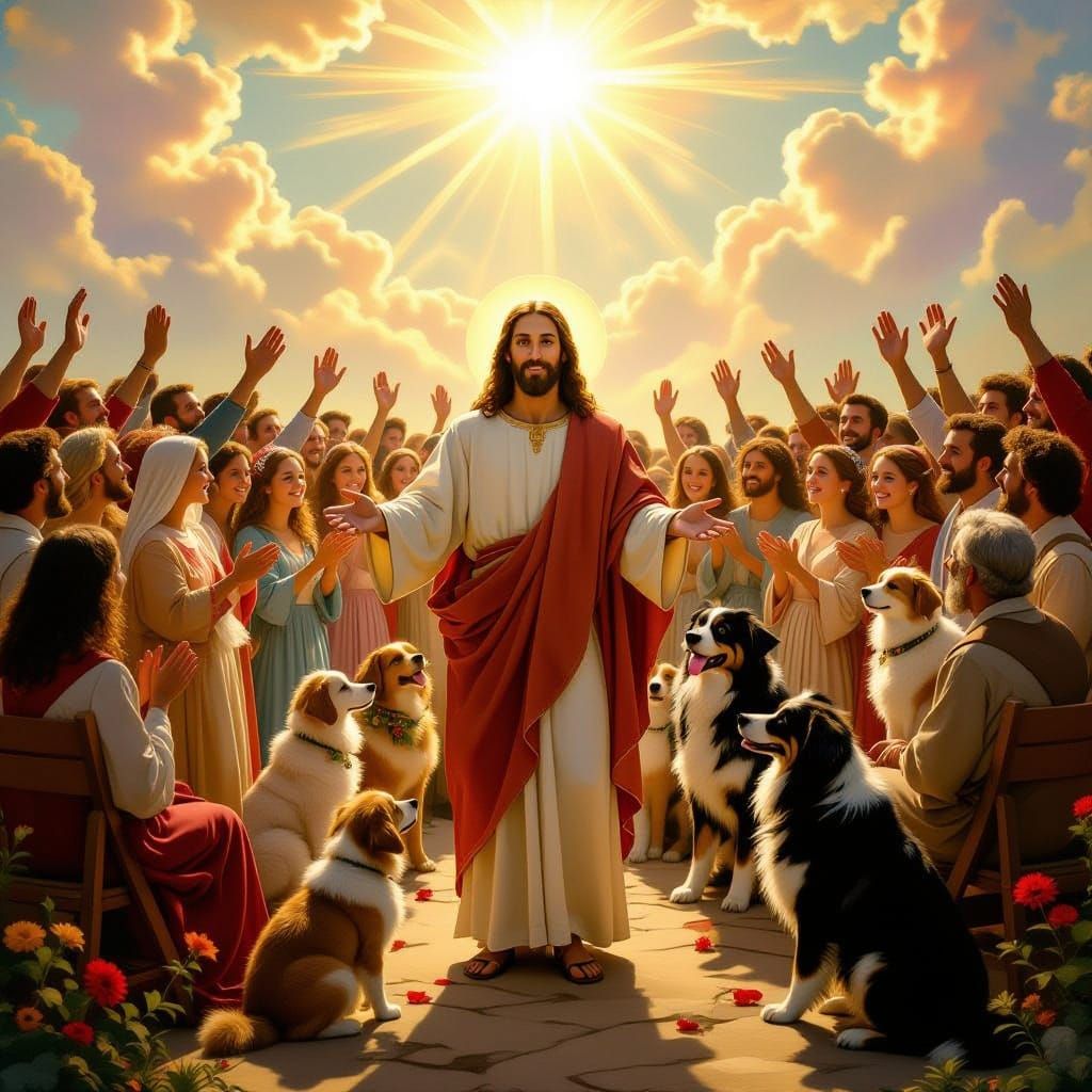 Heavenly Celebration with Jesus, People, Pets, and Animals