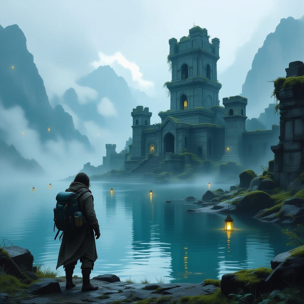 Explorer at Ancient Ruins in Misty Lake
