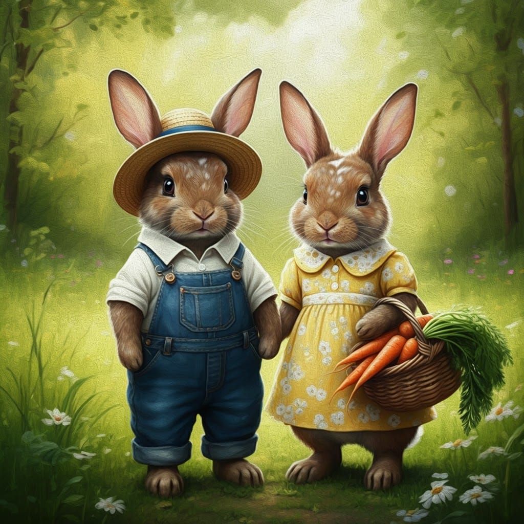 Rabbits Harvesting Carrots in Impressionist Style