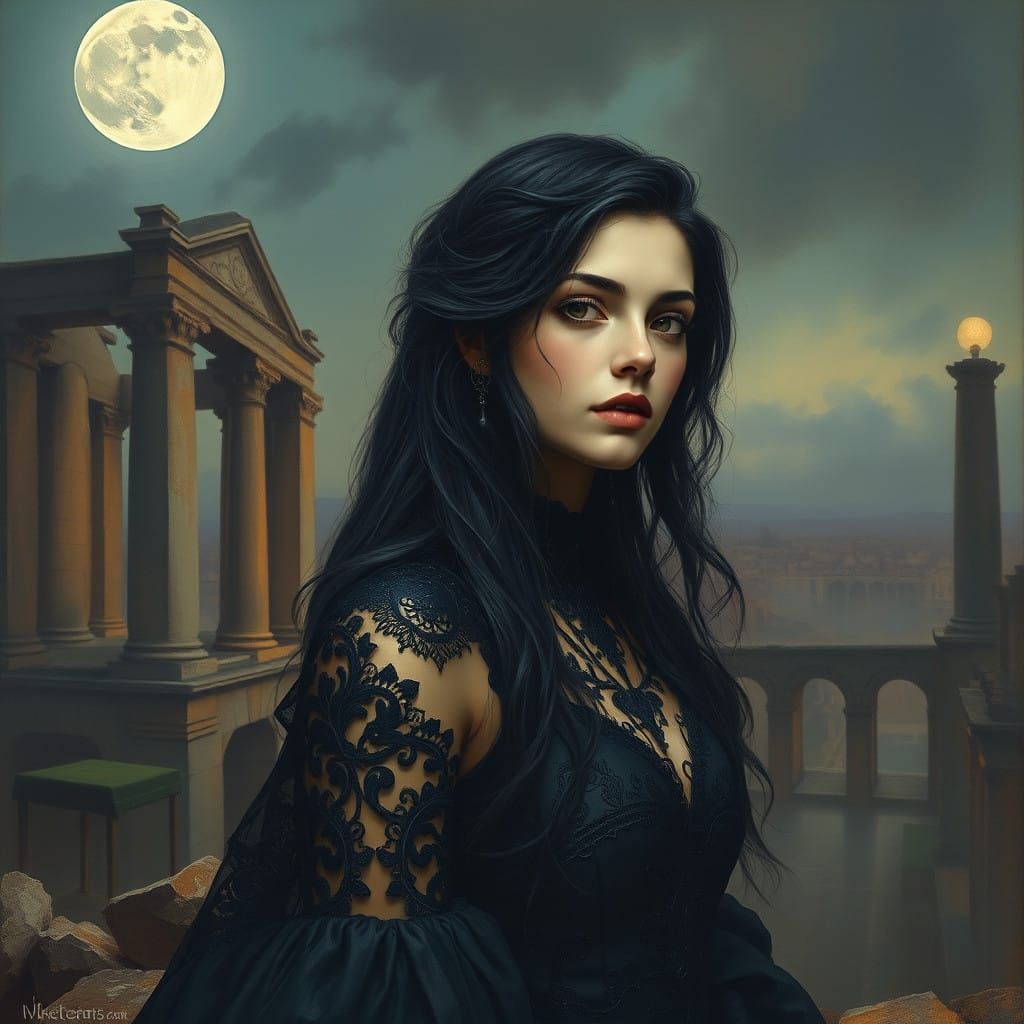 Gothic Muse in Moonlit Ruins