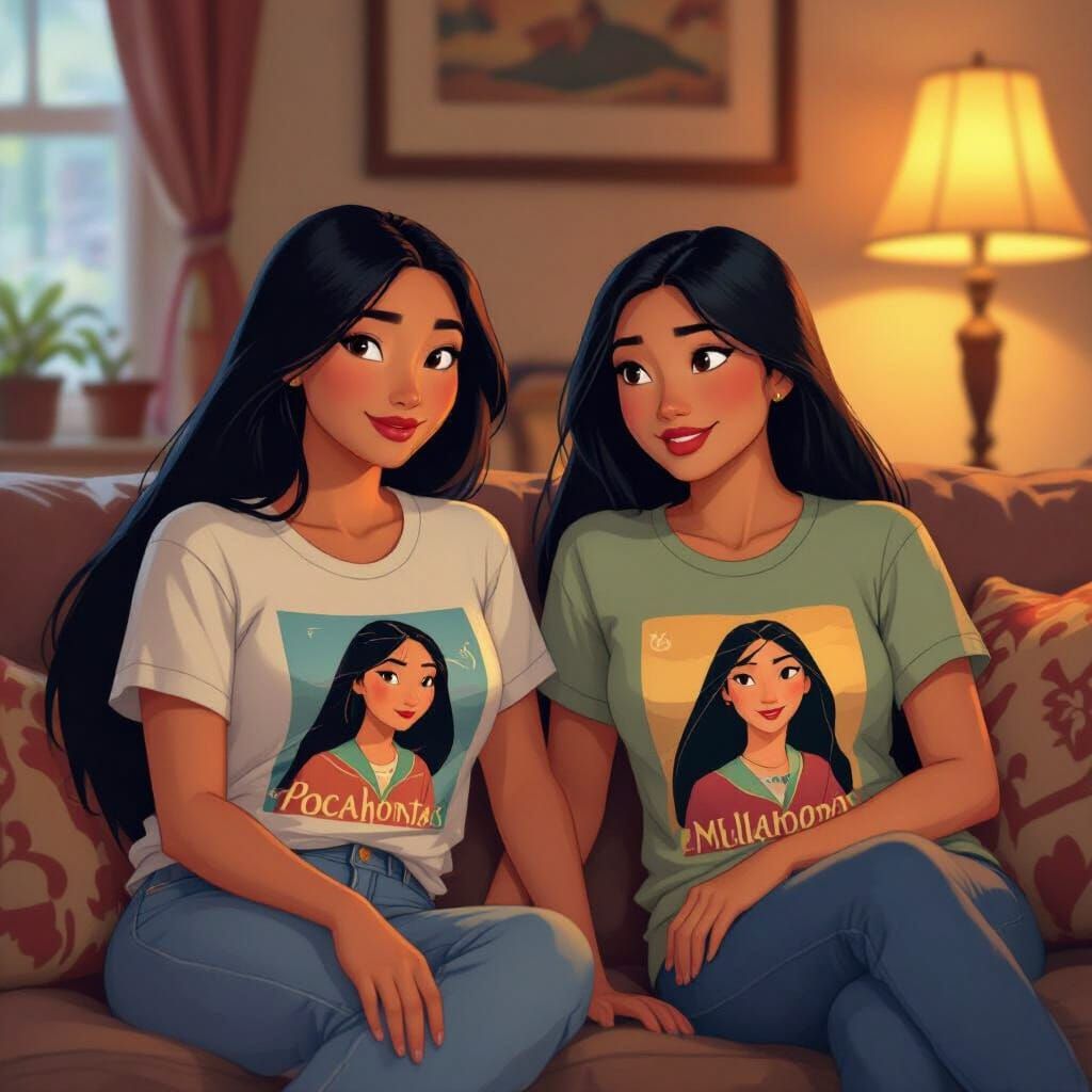 Mulan and Pocahontas Swap T-Shirts in Cozy Living Room