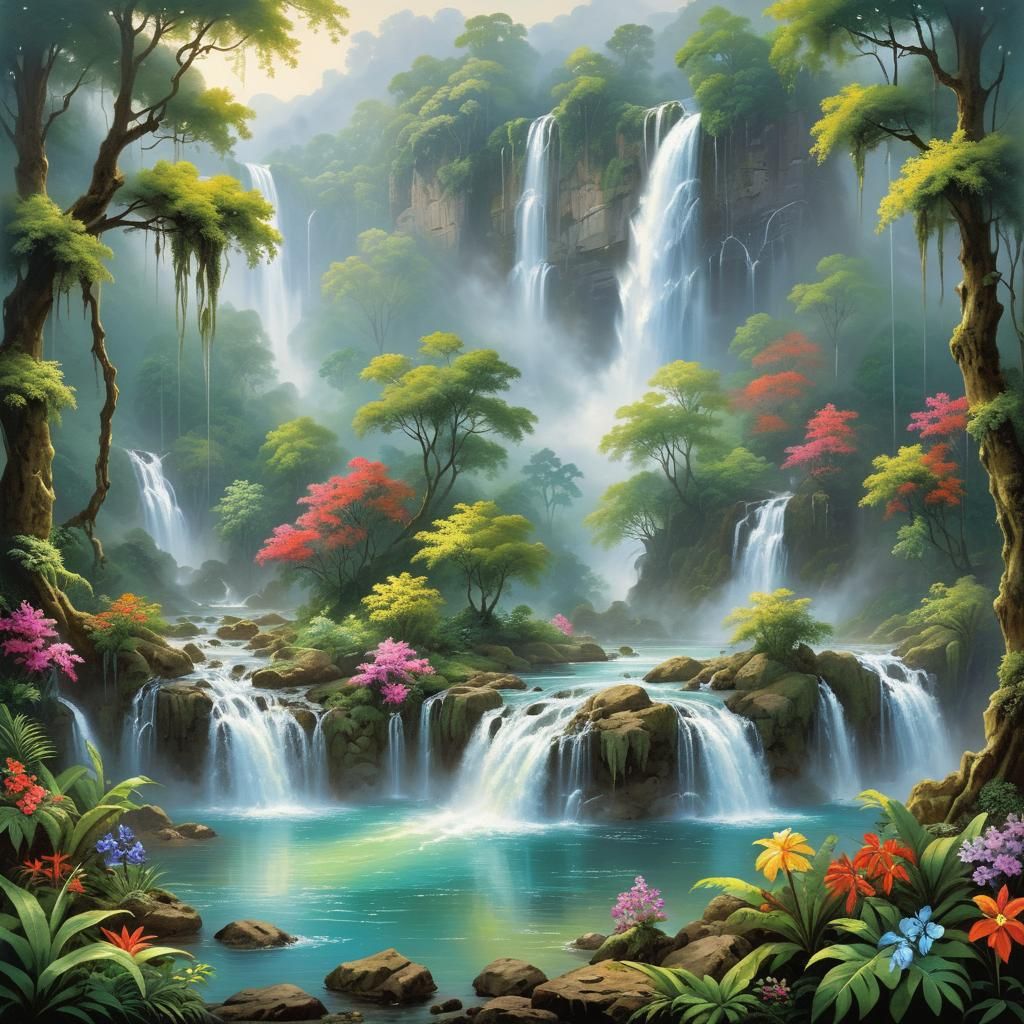 Majestic Waterfall in Lush Jungle, Romantic Style