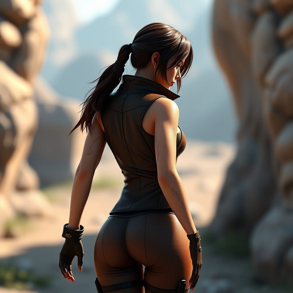 Elegant Tomb Raider in Sleek Leather Catsuit