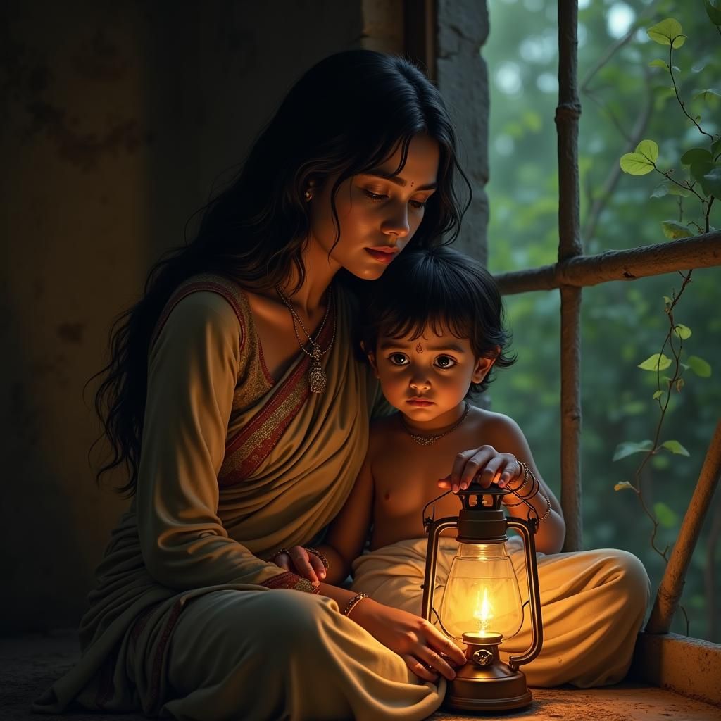 Indian Woman with Child by Lantern Light