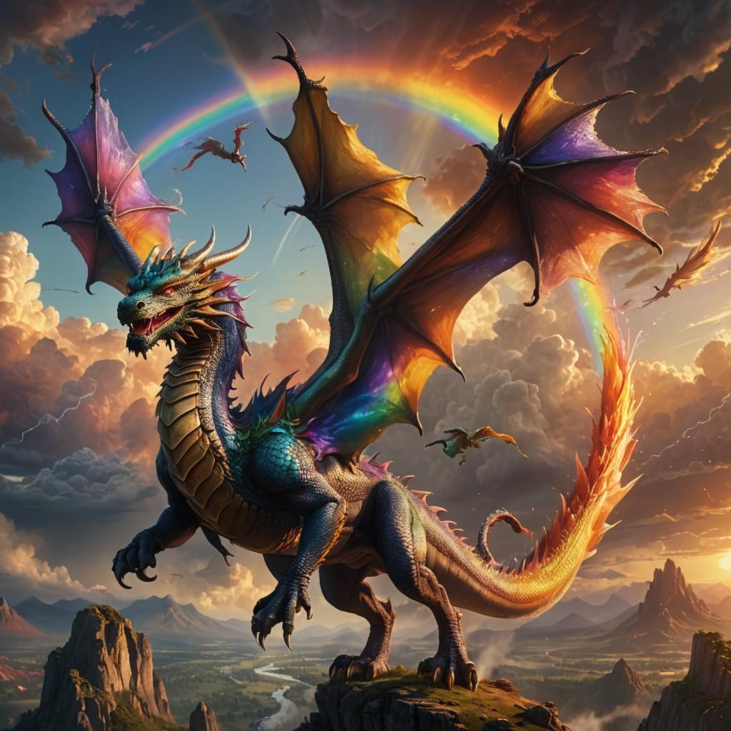 Mythical Dragon Soaring Through Rainbow Sky