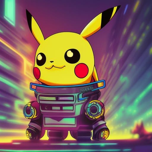 pikachu as robot in style of synthwave, cyberpunk, concept art, high resolution dynamic light,