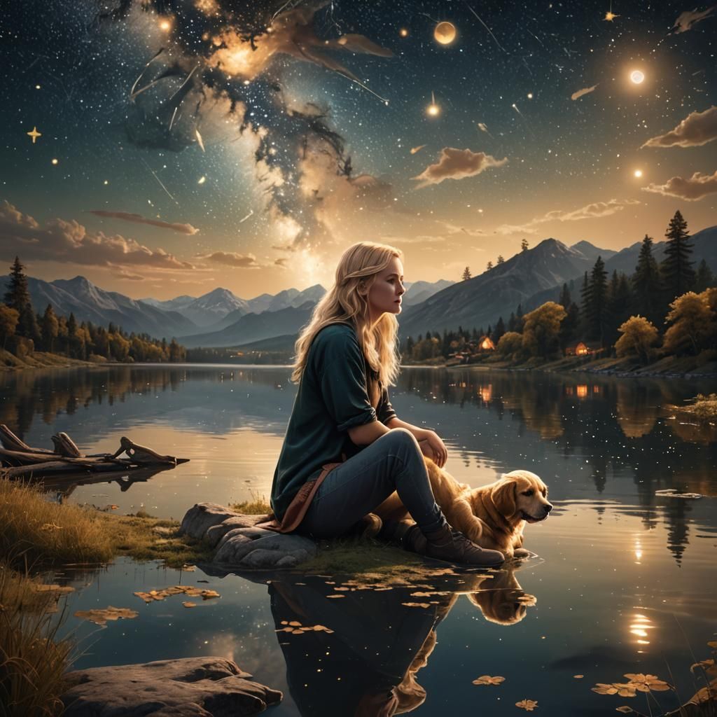 Girl and Puppy Under a Starry Sky