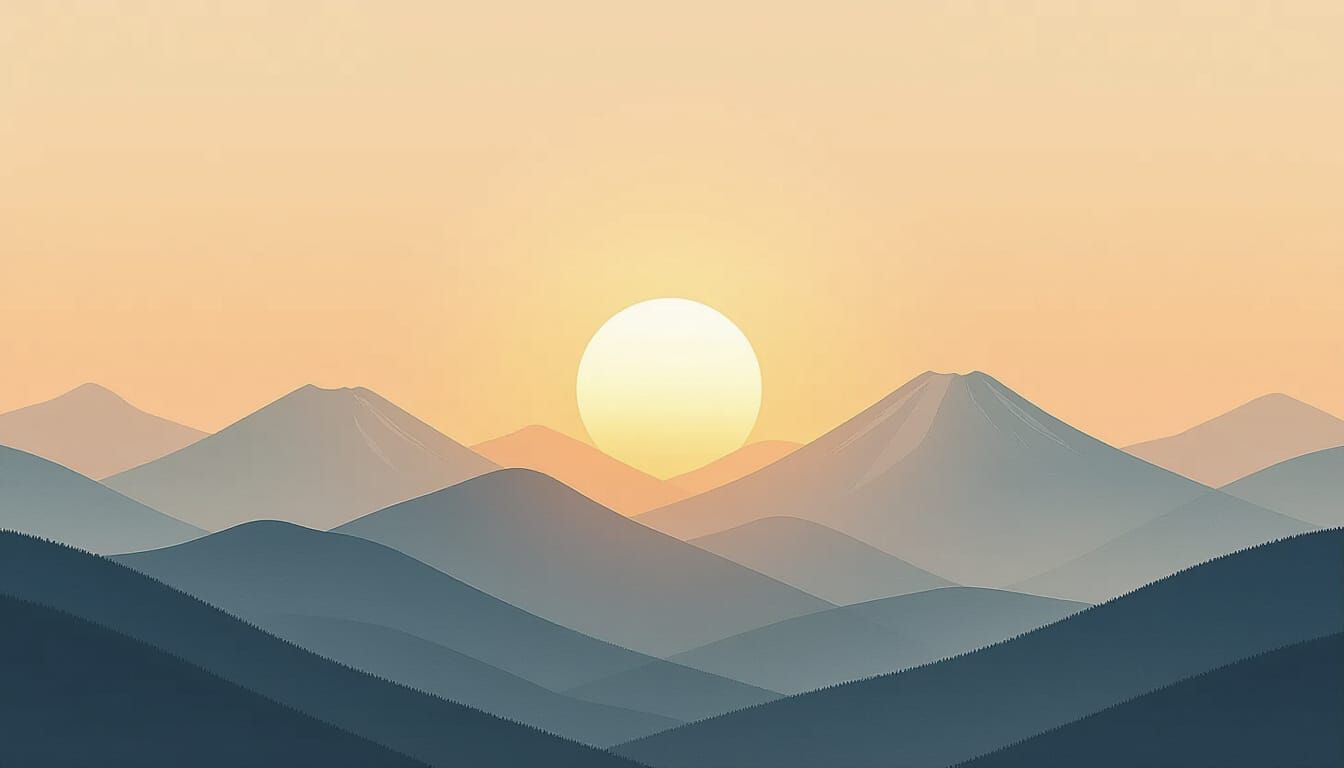 Japandi Sunset: Minimalist Watercolor Mountain Landscape