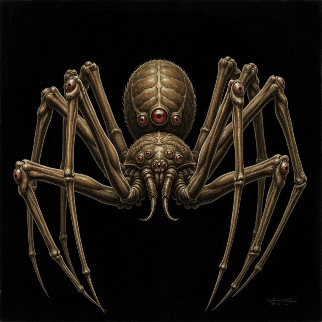 Horrific Spider Guarding Eggs in Biomechanical Style