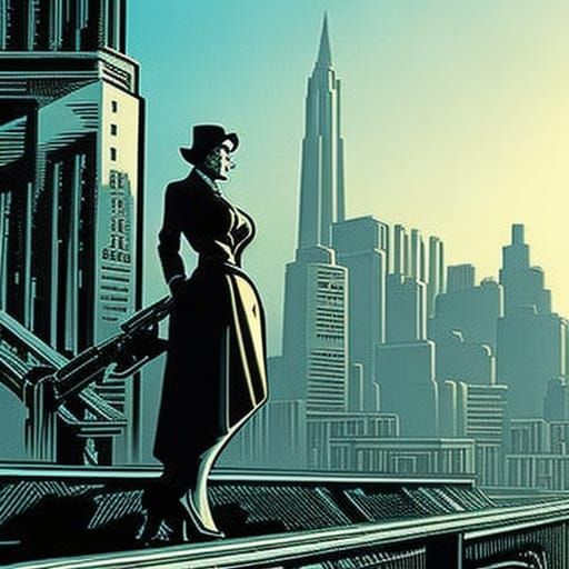 Noir Linocut: Woman in 1940s Cityscape