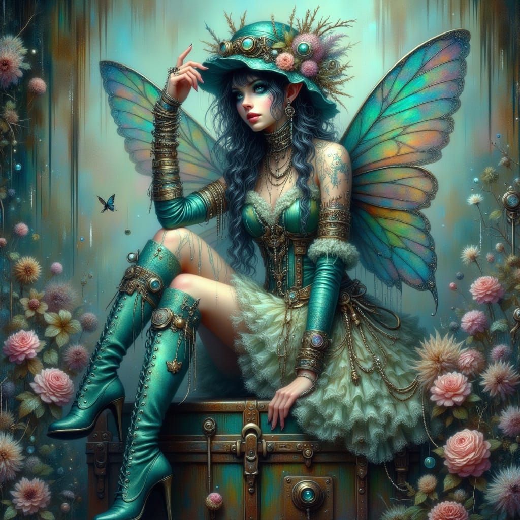 <lora:Fairy Punk:1.0> Full-body portrait of a young woman wi...