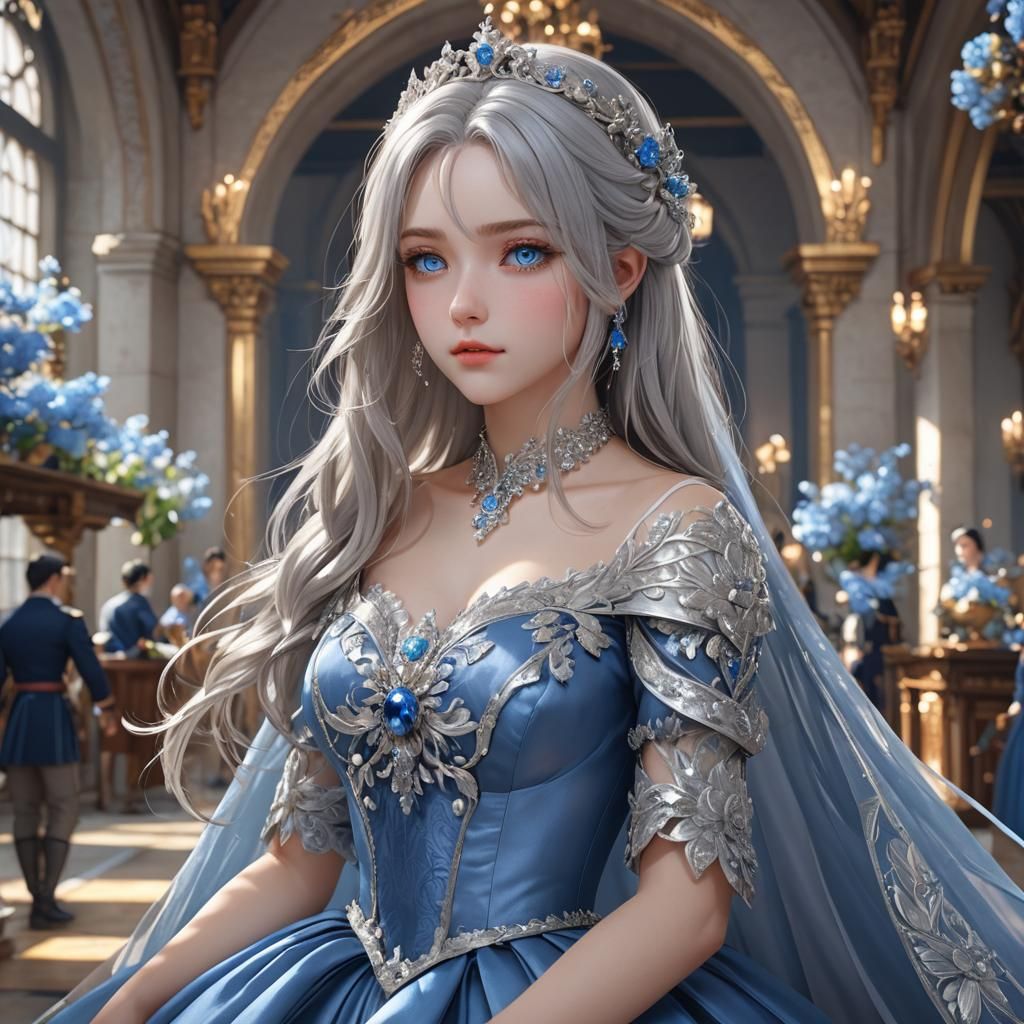 Anime Style Princess with Silver Hair and Blue Eyes