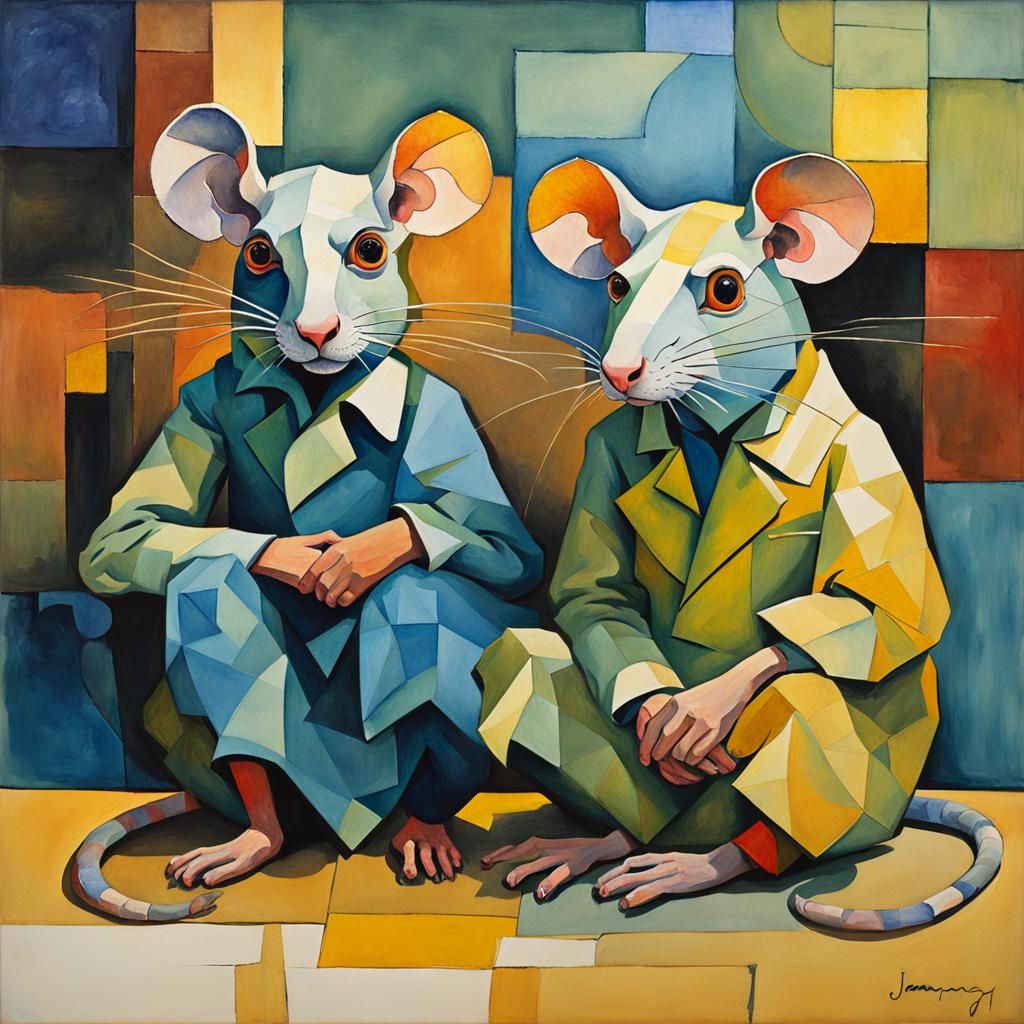 Cubist Watercolor Painting with Asymmetric Shapes and Rats